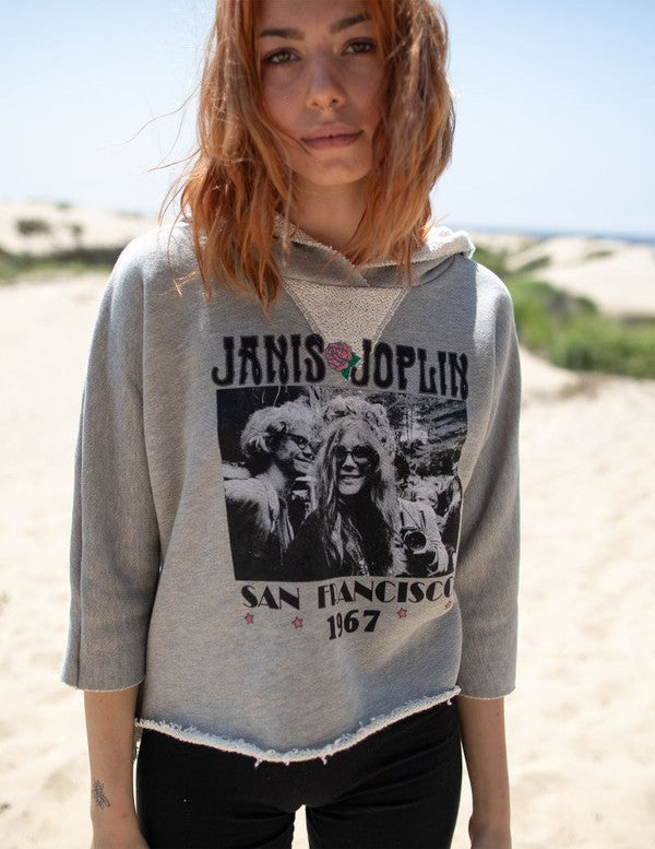 Cropped Janis Joplin hoodie in heathered gray with graphic print, featuring raw baseball hem and 3/4 sleeves.