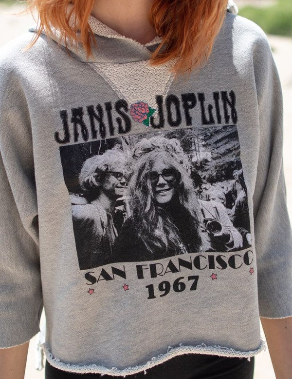 Cropped Janis Joplin hoodie in heathered gray with graphic print, featuring raw baseball hem and 3/4 sleeves.