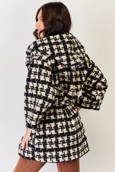 J.NNA Fuzzy Plaid Waist Tie Hooded Robe Cardigan featuring a classic plaid pattern, waist tie, and cozy hood for stylish comfort.