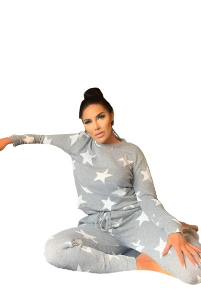 Jogger Lounge Set featuring a trendy star print, consisting of a crew neck top and matching joggers, perfect for casual wear.