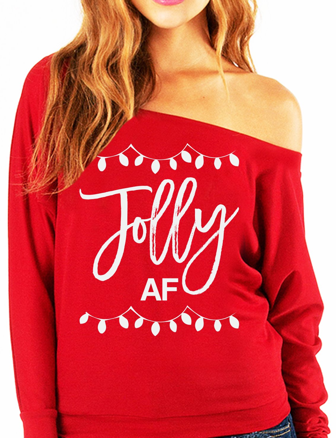 Jolly AF Slouchy Christmas Sweatshirt in festive design, showcasing off-shoulder style and soft fabric.