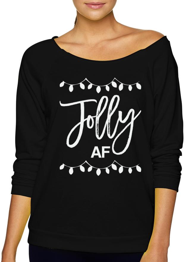 Jolly AF Slouchy Christmas Sweatshirt in festive design, showcasing off-shoulder style and soft fabric.