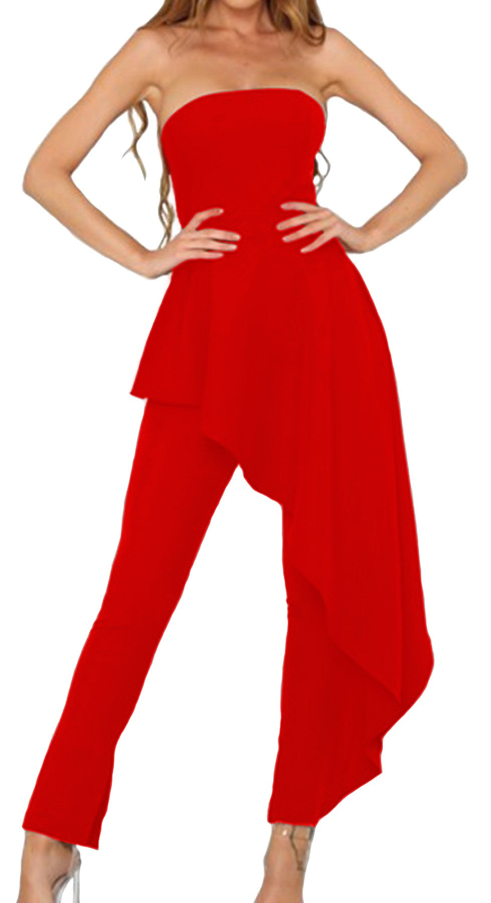 Elegant red jumpsuit with long tight pants and back zipper, made in Italy.