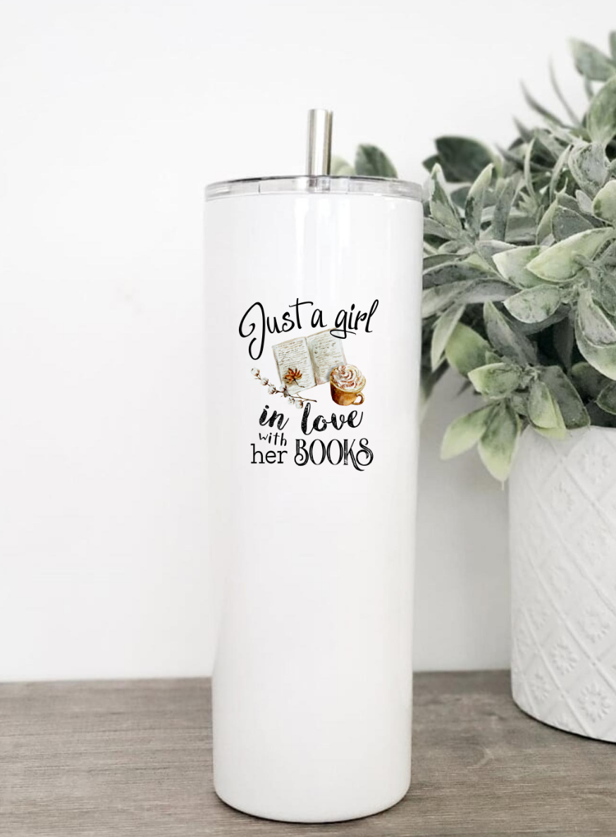 Just A Girl In Love With Books Tumbler featuring a stylish design, clear slider lid, and stainless steel straw, available in 20 or 30 oz sizes.