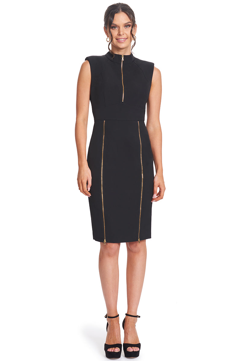 Just Zip It Dress featuring functional gold zippers and shoulder pads, showcasing a sleek black midi design.