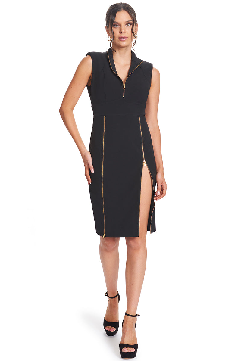 Just Zip It Dress featuring functional gold zippers and shoulder pads, showcasing a sleek black midi design.