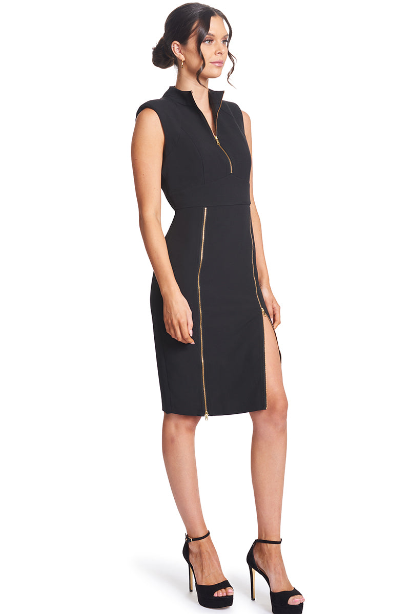 Just Zip It Dress featuring functional gold zippers and shoulder pads, showcasing a sleek black midi design.