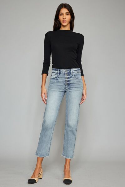 Kancan High Waist Button Fly Raw Hem Cropped Straight Jeans showcasing a stylish high waist, button fly, and raw hem detailing.