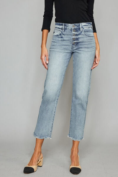 Kancan High Waist Button Fly Raw Hem Cropped Straight Jeans showcasing a stylish high waist, button fly, and raw hem detailing.