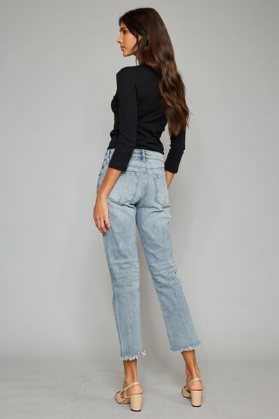 Kancan High Waist Button Fly Raw Hem Cropped Straight Jeans showcasing a stylish high waist, button fly, and raw hem detailing.