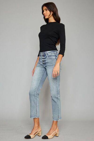 Kancan High Waist Button Fly Raw Hem Cropped Straight Jeans showcasing a stylish high waist, button fly, and raw hem detailing.