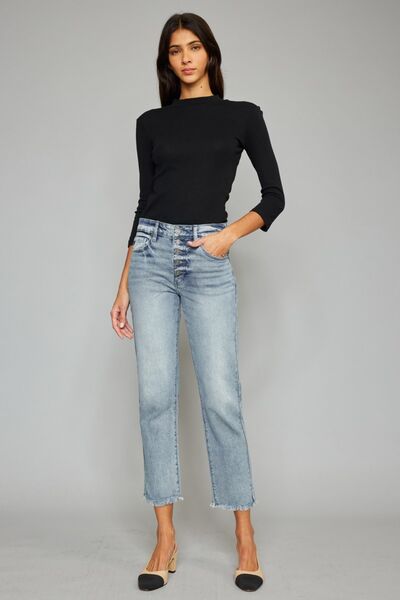 Kancan High Waist Button Fly Raw Hem Cropped Straight Jeans showcasing a stylish high waist, button fly, and raw hem detailing.