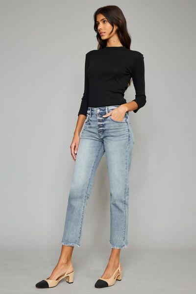 Kancan High Waist Button Fly Raw Hem Cropped Straight Jeans showcasing a stylish high waist, button fly, and raw hem detailing.