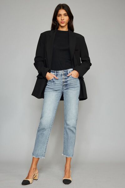 Kancan High Waist Button Fly Raw Hem Cropped Straight Jeans showcasing a stylish high waist, button fly, and raw hem detailing.