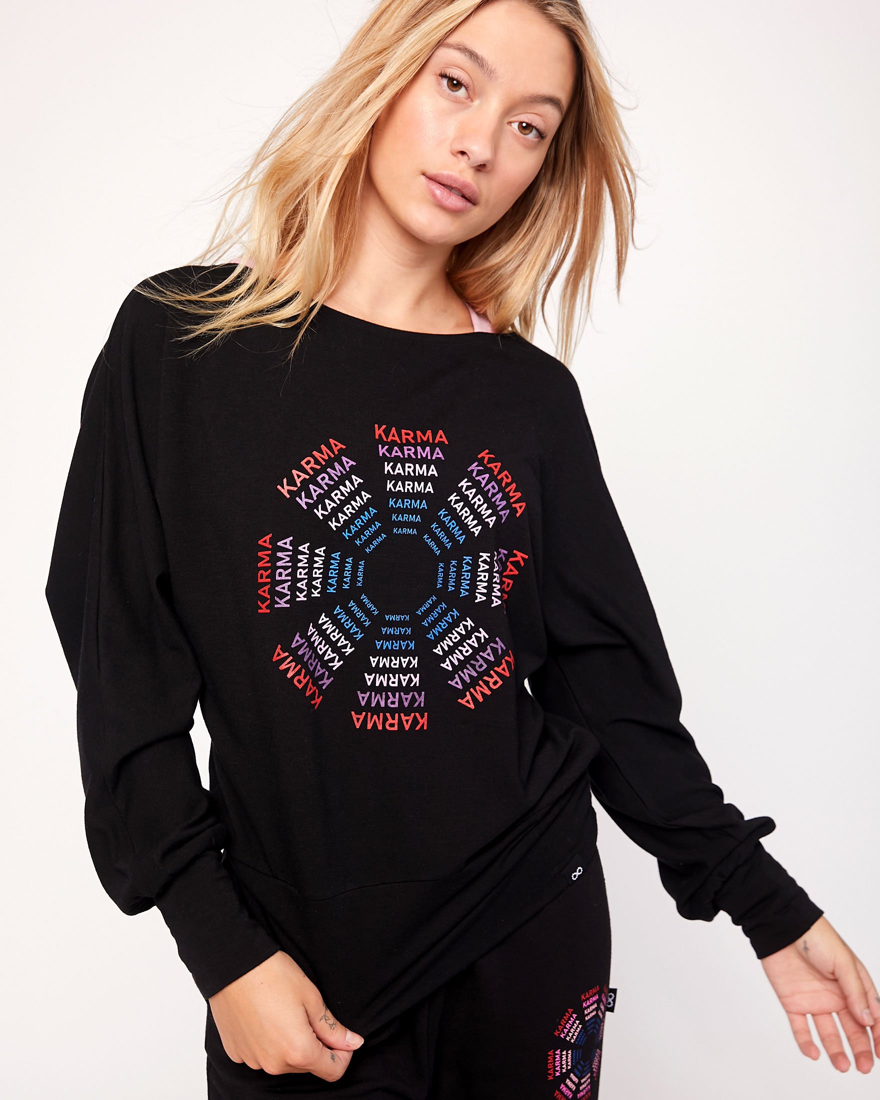 Karma Graphic Viscose Blend Long Sleeve Top featuring off-shoulder design and vibrant print, perfect for casual wear.