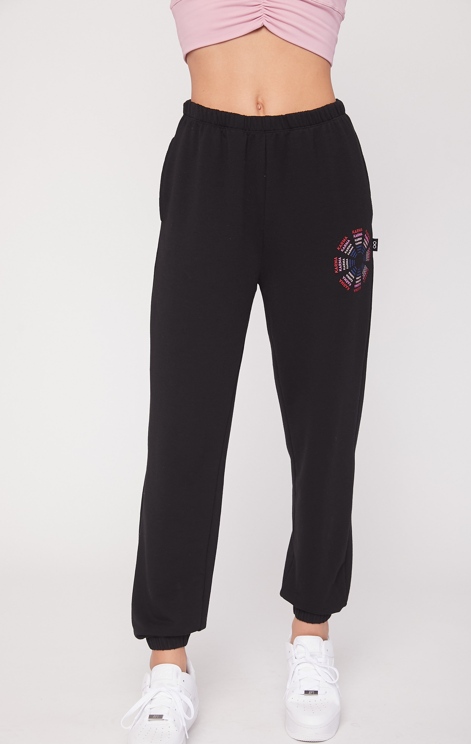 Karma Graphic Viscose Blend Sweatpants featuring vibrant print and soft fabric, perfect for lounging and casual outings.