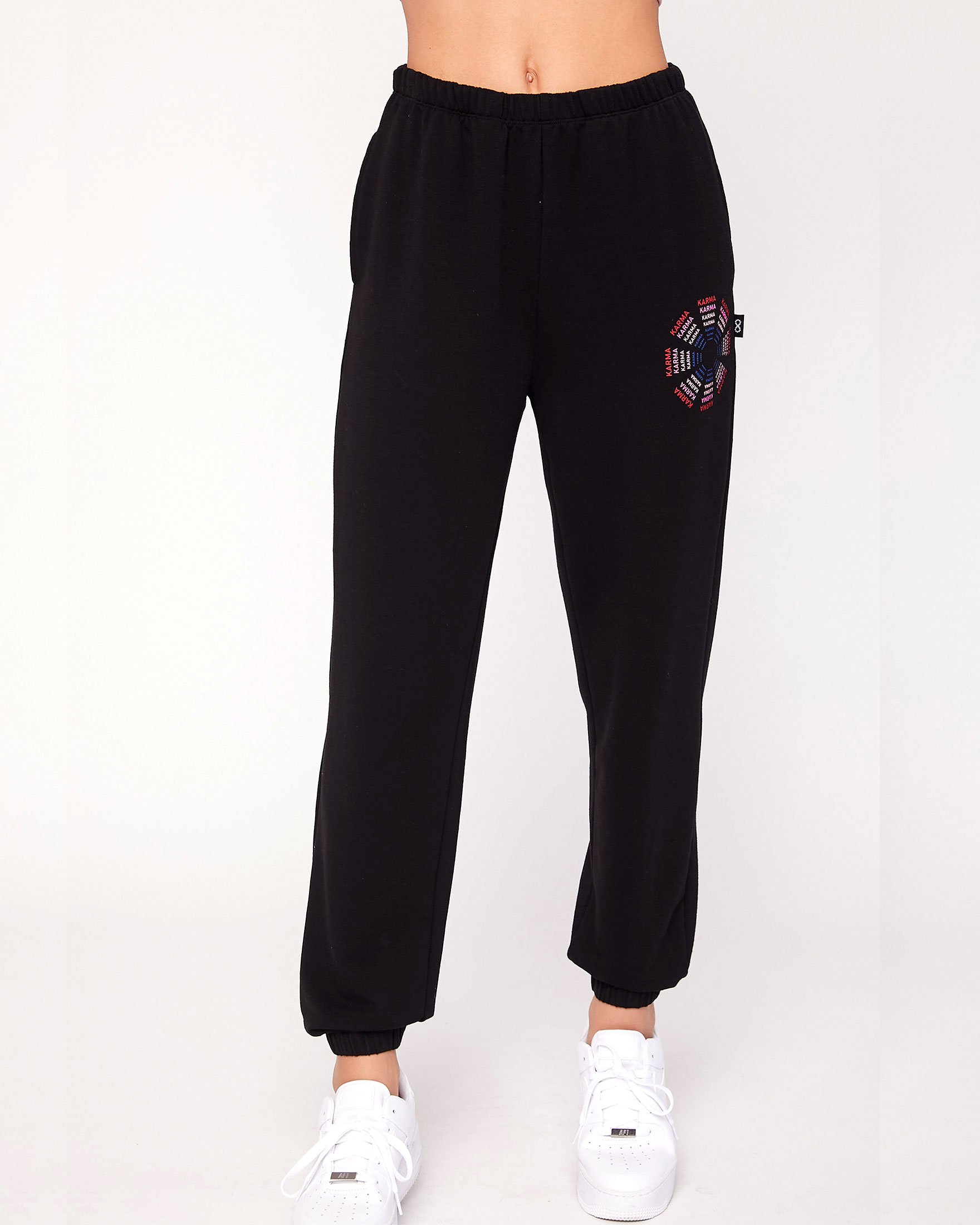 Karma Graphic Viscose Blend Sweatpants featuring vibrant print and soft fabric, perfect for lounging and casual outings.