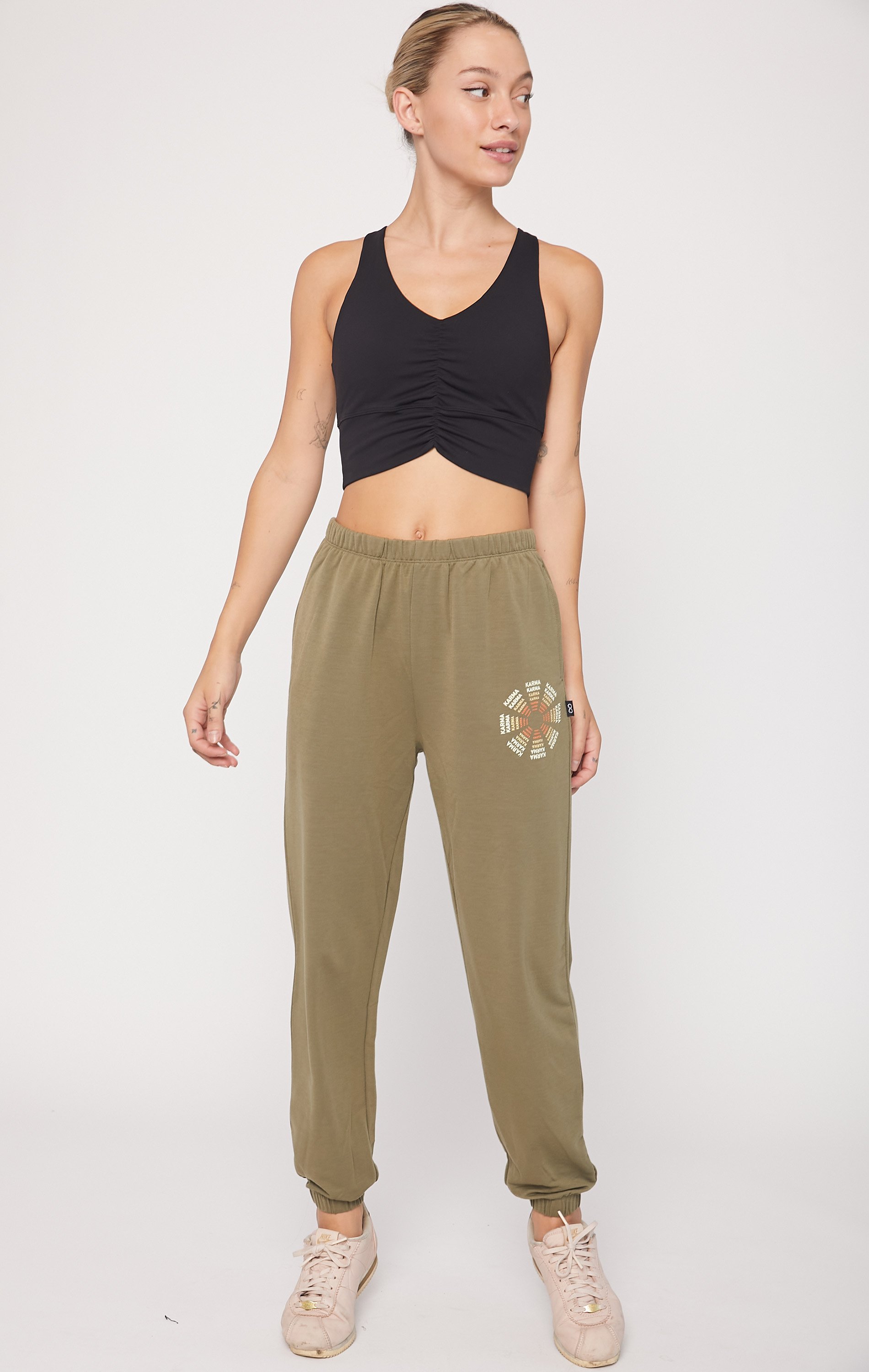 Karma Graphic Viscose Blend Sweatpants featuring vibrant print and soft fabric, perfect for lounging and casual outings.