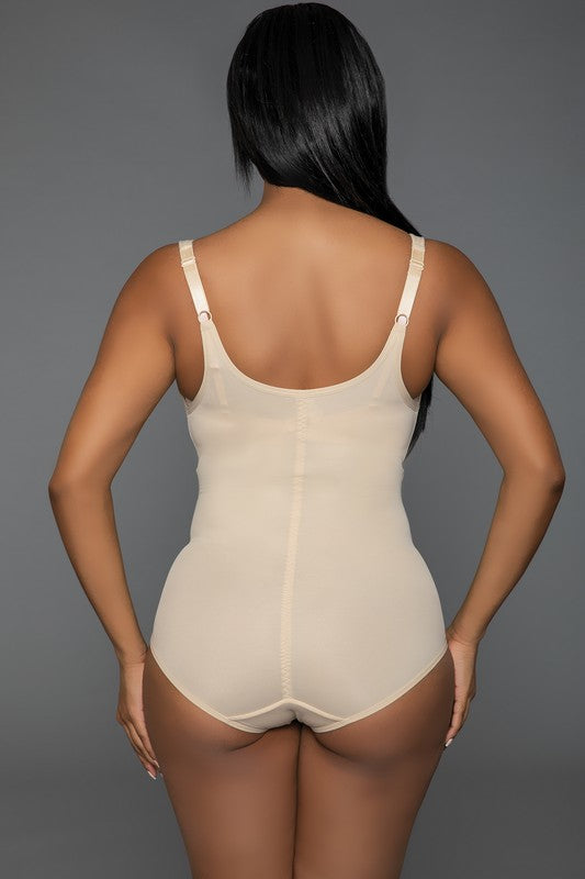 Keep It Tight Bodysuit Shaper featuring adjustable straps, open bust design, and front zipper closure, made from stretchy nylon and spandex fabric.