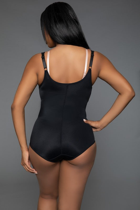 Keep It Tight Bodysuit Shaper featuring adjustable straps, open bust design, and front zipper closure, made from stretchy nylon and spandex fabric.