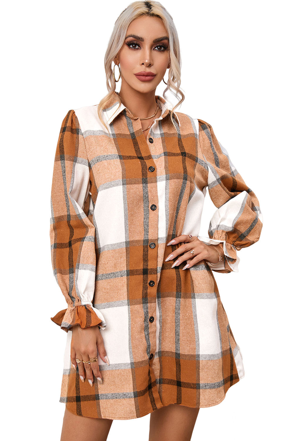 A stylish khaki plaid shirt dress featuring a collared neck and ruffled sleeves, perfect for autumn fashion.