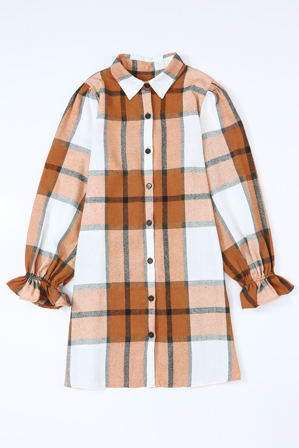 A stylish khaki plaid shirt dress featuring a collared neck and ruffled sleeves, perfect for autumn fashion.