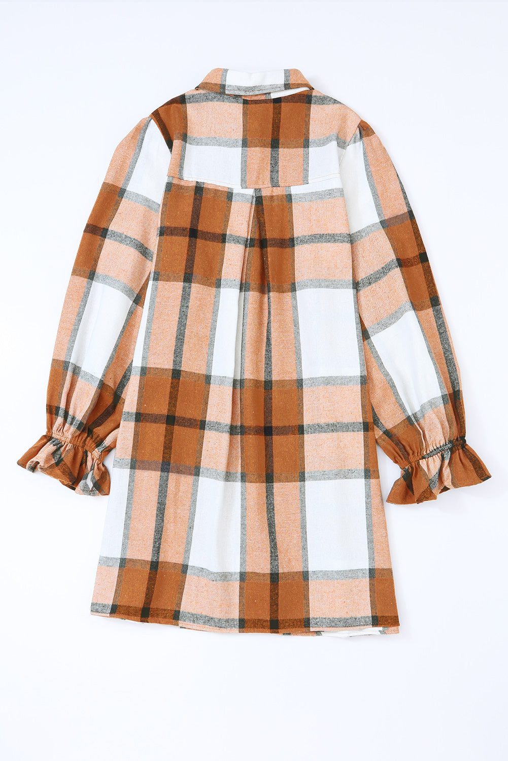 A stylish khaki plaid shirt dress featuring a collared neck and ruffled sleeves, perfect for autumn fashion.