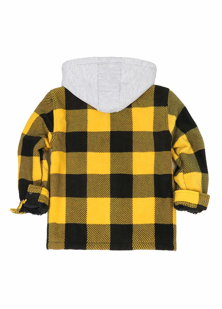 Kids fleece plaid jacket with hood, Sherpa-lined for warmth, featuring a classic buffalo plaid pattern.