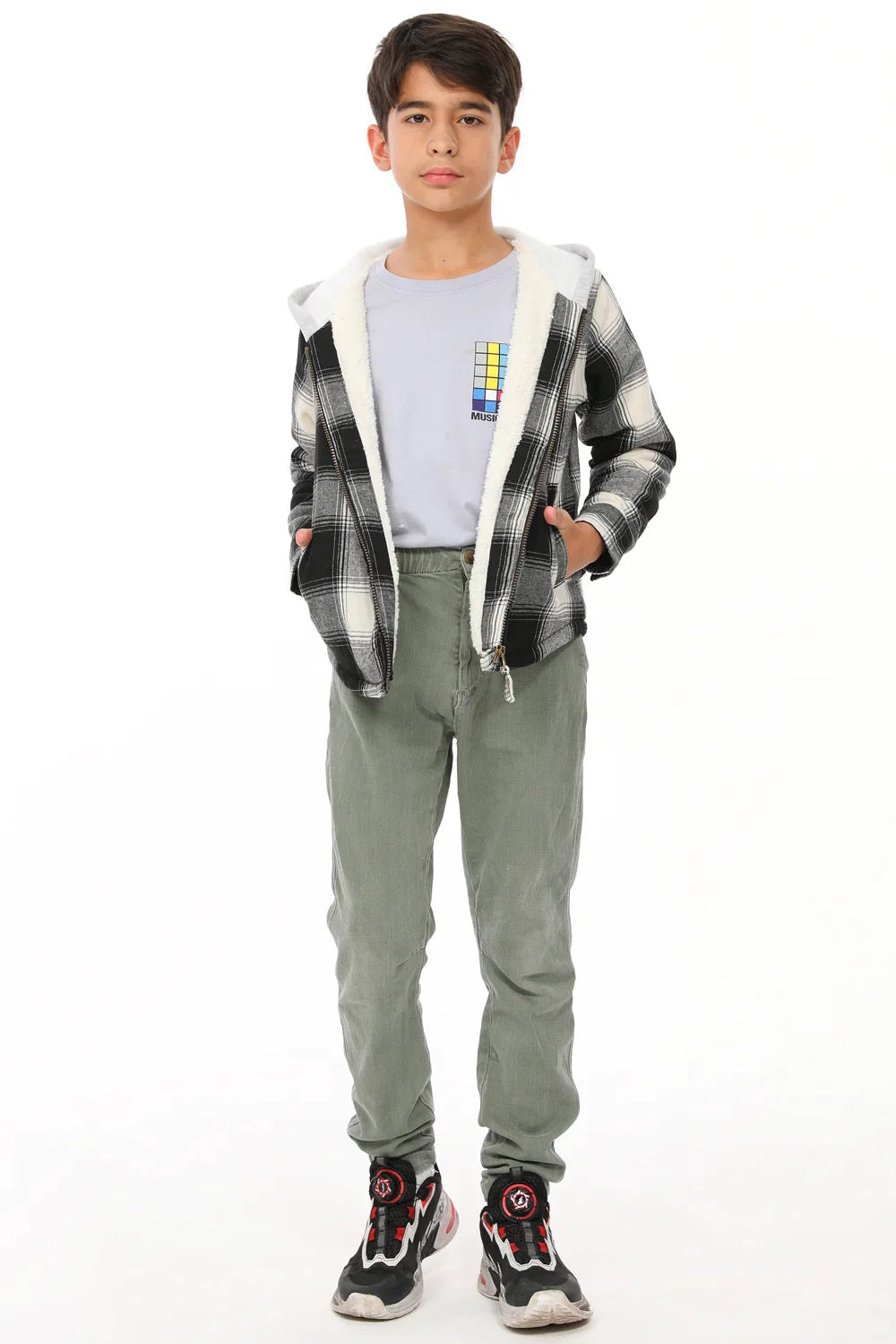 Kids Matching Family Zip Up Black White Plaid Flannel Hoodie, featuring a classic plaid design perfect for winter wear.