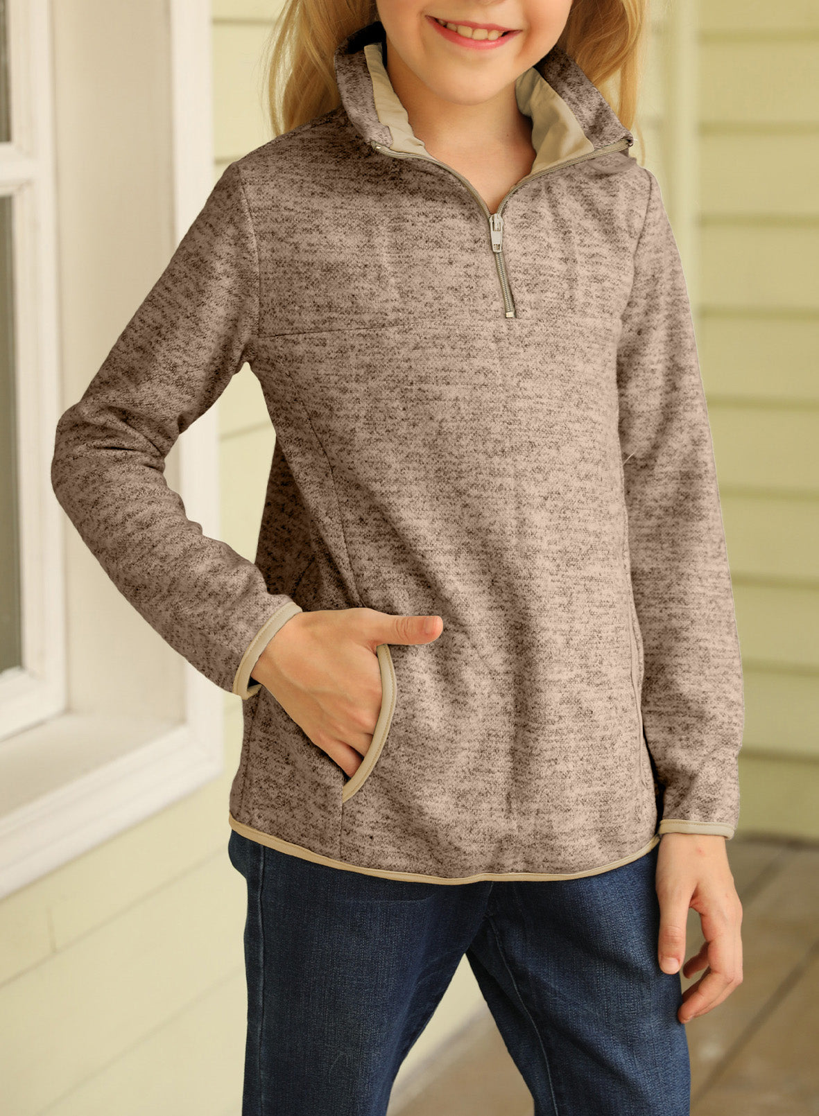 Kids Quarter-Zip Collar Sweatshirt in vibrant colors with kangaroo pocket, perfect for ages 4-13.