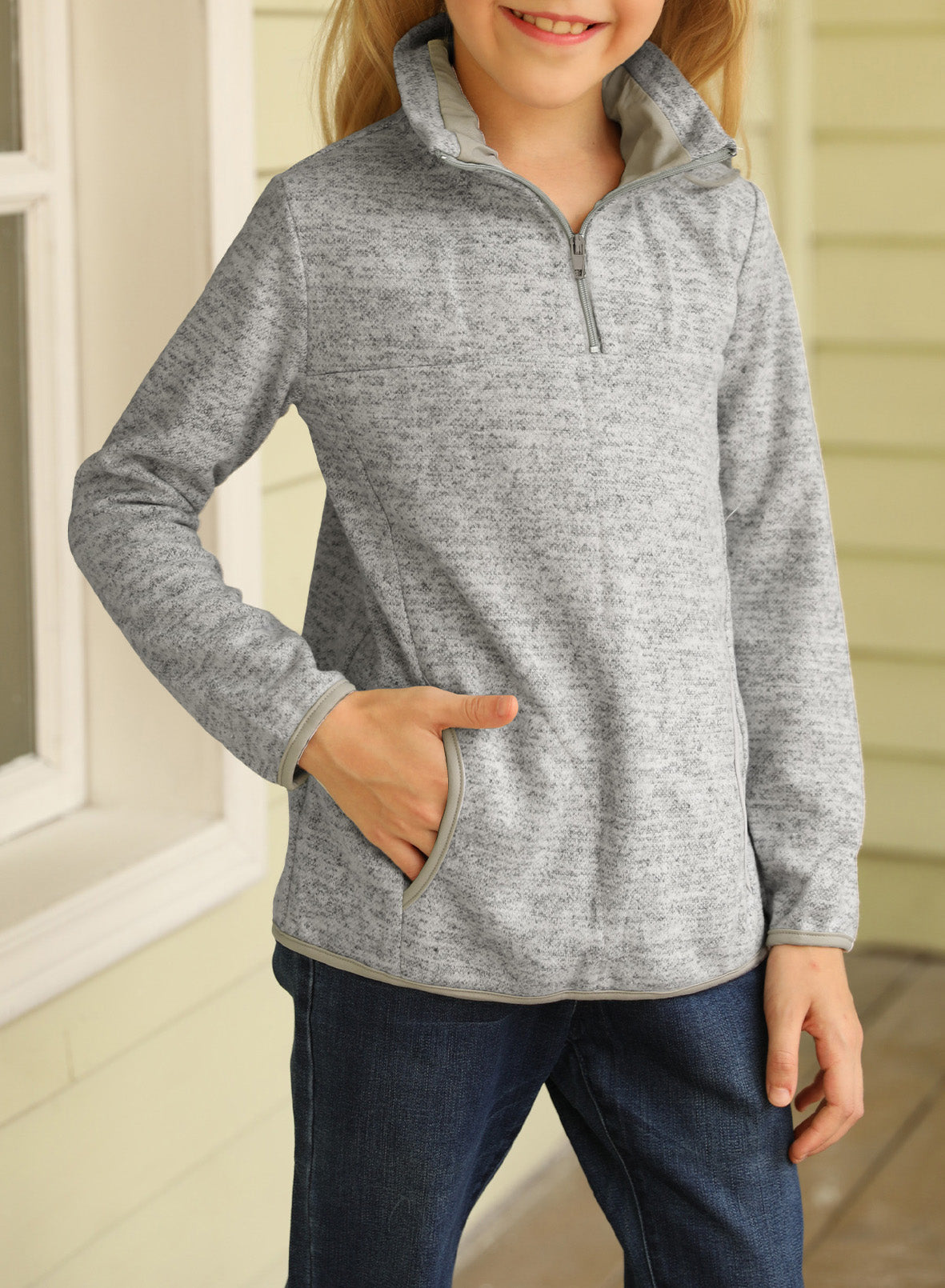 Kids Quarter-Zip Collar Sweatshirt in vibrant colors with kangaroo pocket, perfect for ages 4-13.