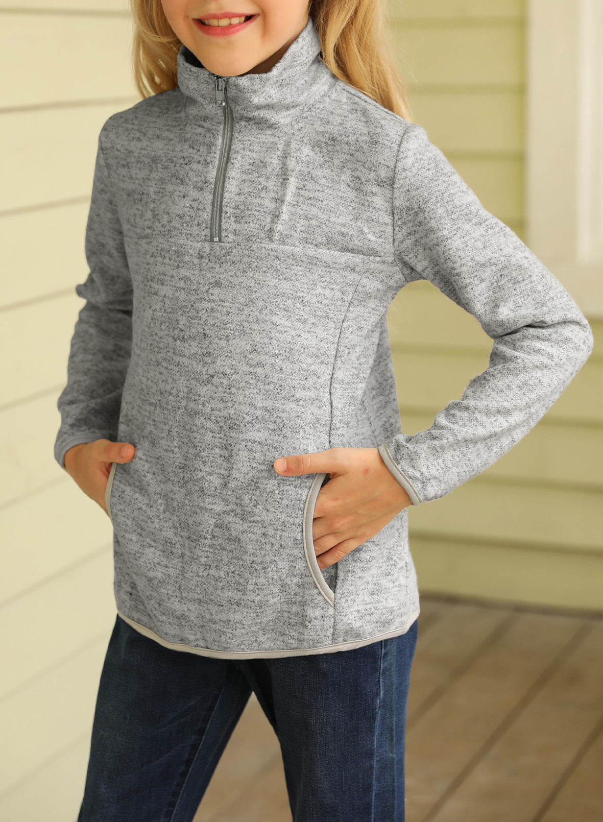 Kids Quarter-Zip Collar Sweatshirt in vibrant colors with kangaroo pocket, perfect for ages 4-13.