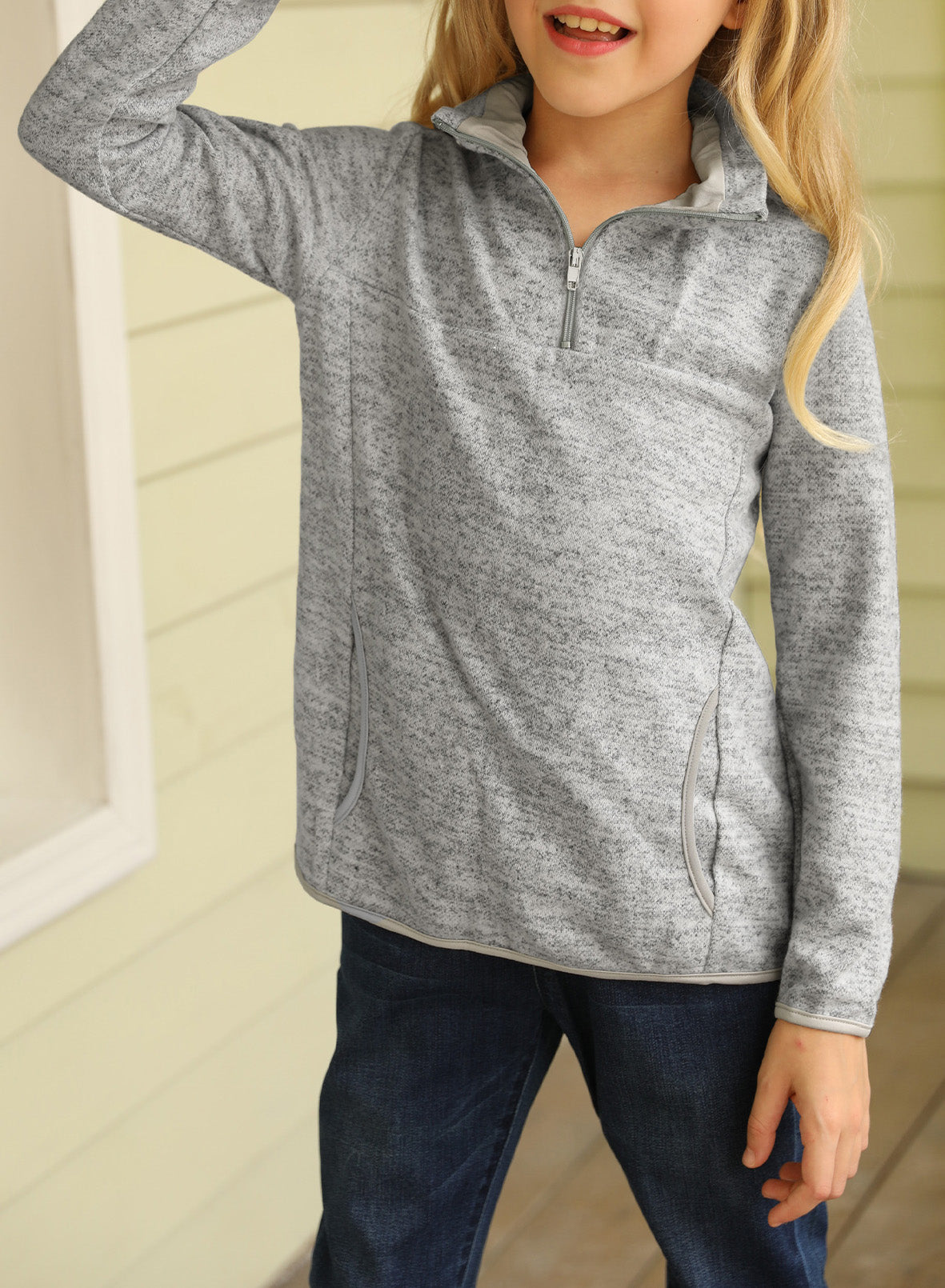 Kids Quarter-Zip Collar Sweatshirt in vibrant colors with kangaroo pocket, perfect for ages 4-13.