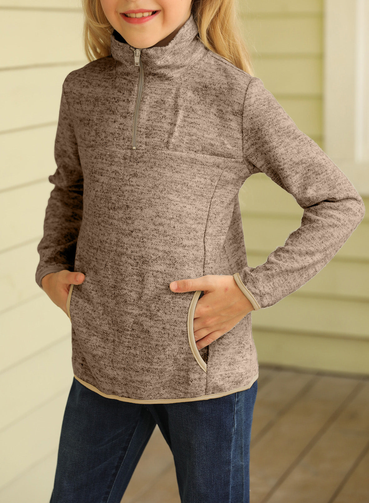 Kids Quarter-Zip Collar Sweatshirt in vibrant colors with kangaroo pocket, perfect for ages 4-13.