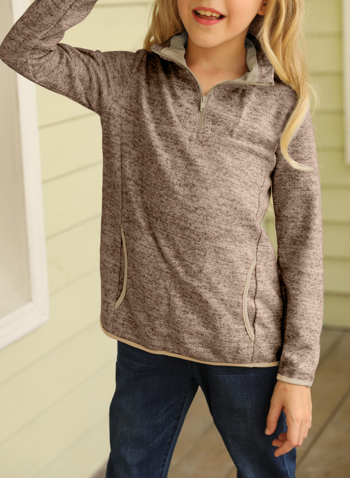 Kids Quarter-Zip Collar Sweatshirt in vibrant colors with kangaroo pocket, perfect for ages 4-13.