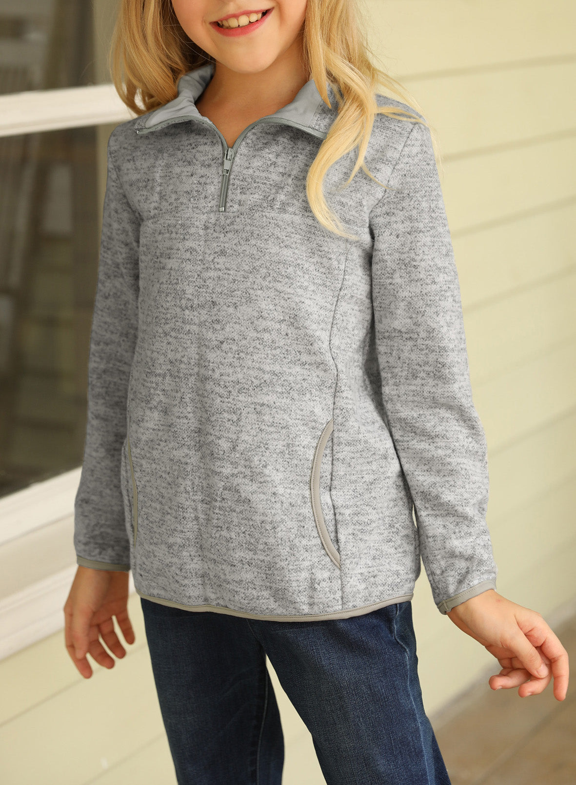 Kids Quarter-Zip Collar Sweatshirt in vibrant colors with kangaroo pocket, perfect for ages 4-13.
