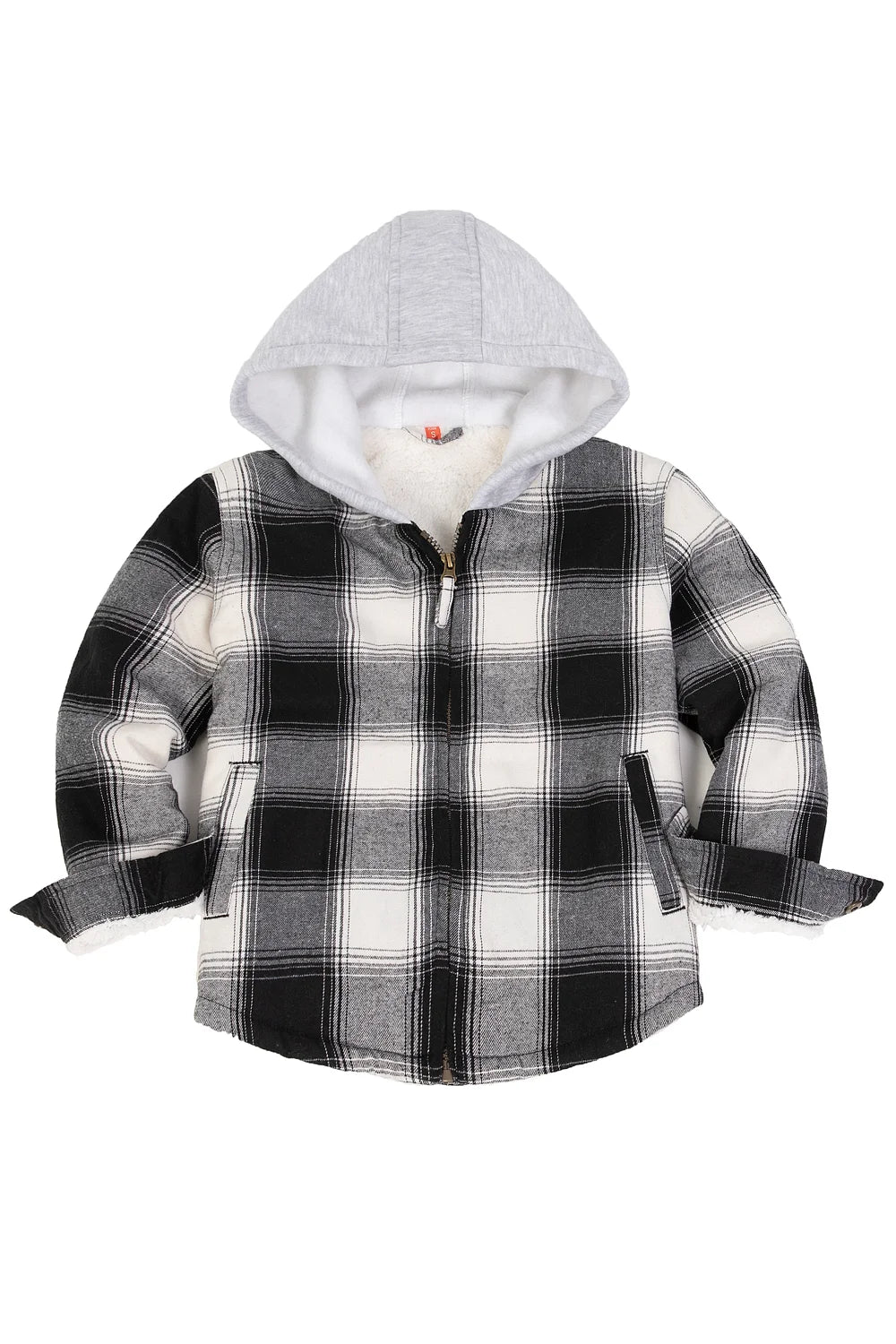 Kids Sherpa-Lined Zip Up Flannel Shirt in plaid design with hood, featuring utility pockets.