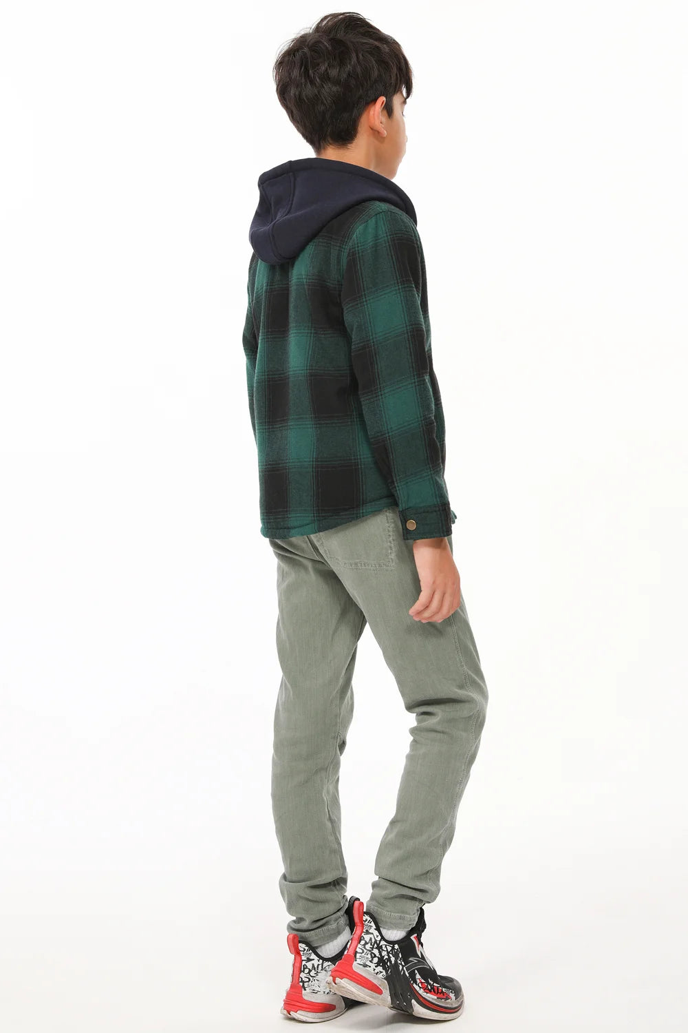 Kids Sherpa-Lined Zip Up Flannel Shirt in plaid design with hood, featuring utility pockets.