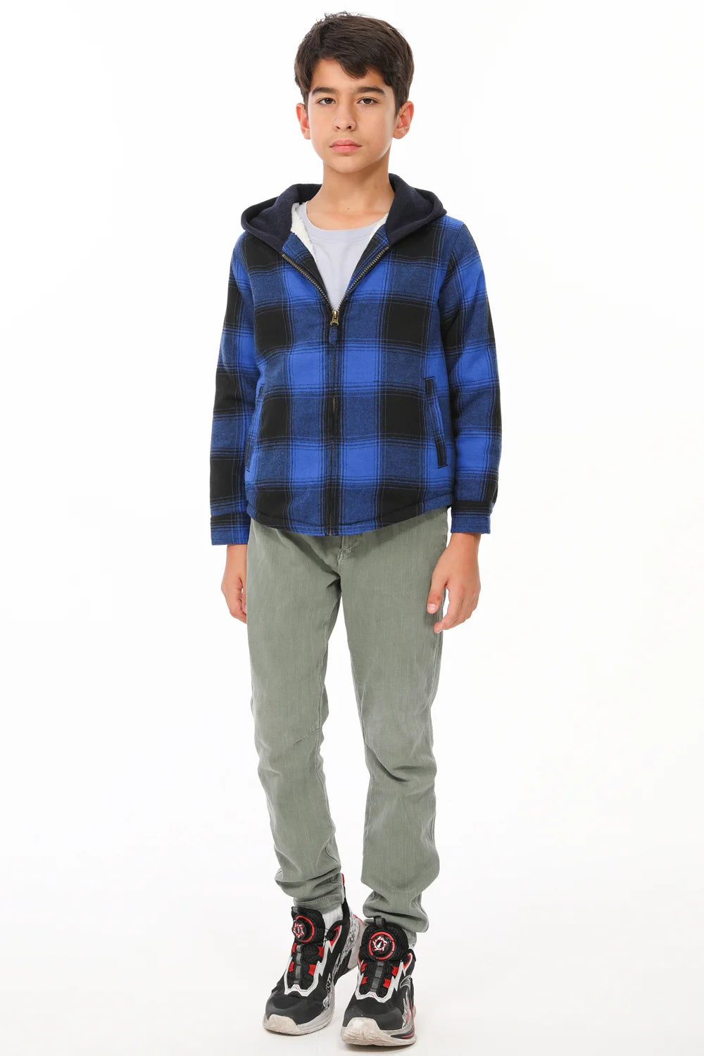 Kids Sherpa-Lined Zip Up Flannel Shirt in plaid design with hood, featuring utility pockets.