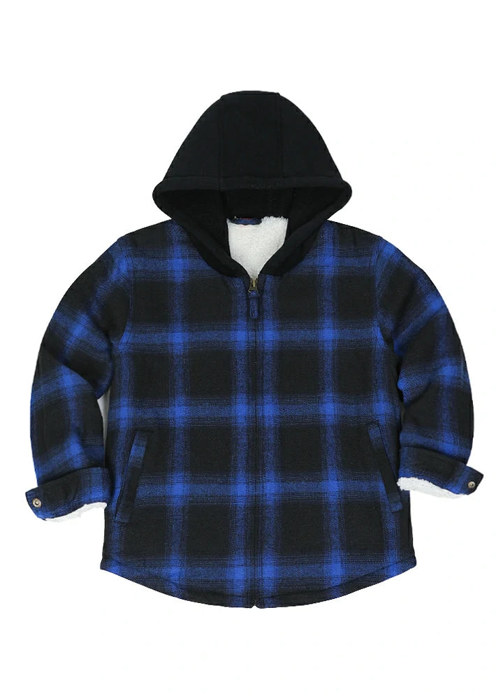 Kids Sherpa-Lined Zip Up Flannel Shirt in plaid design with hood, featuring utility pockets.