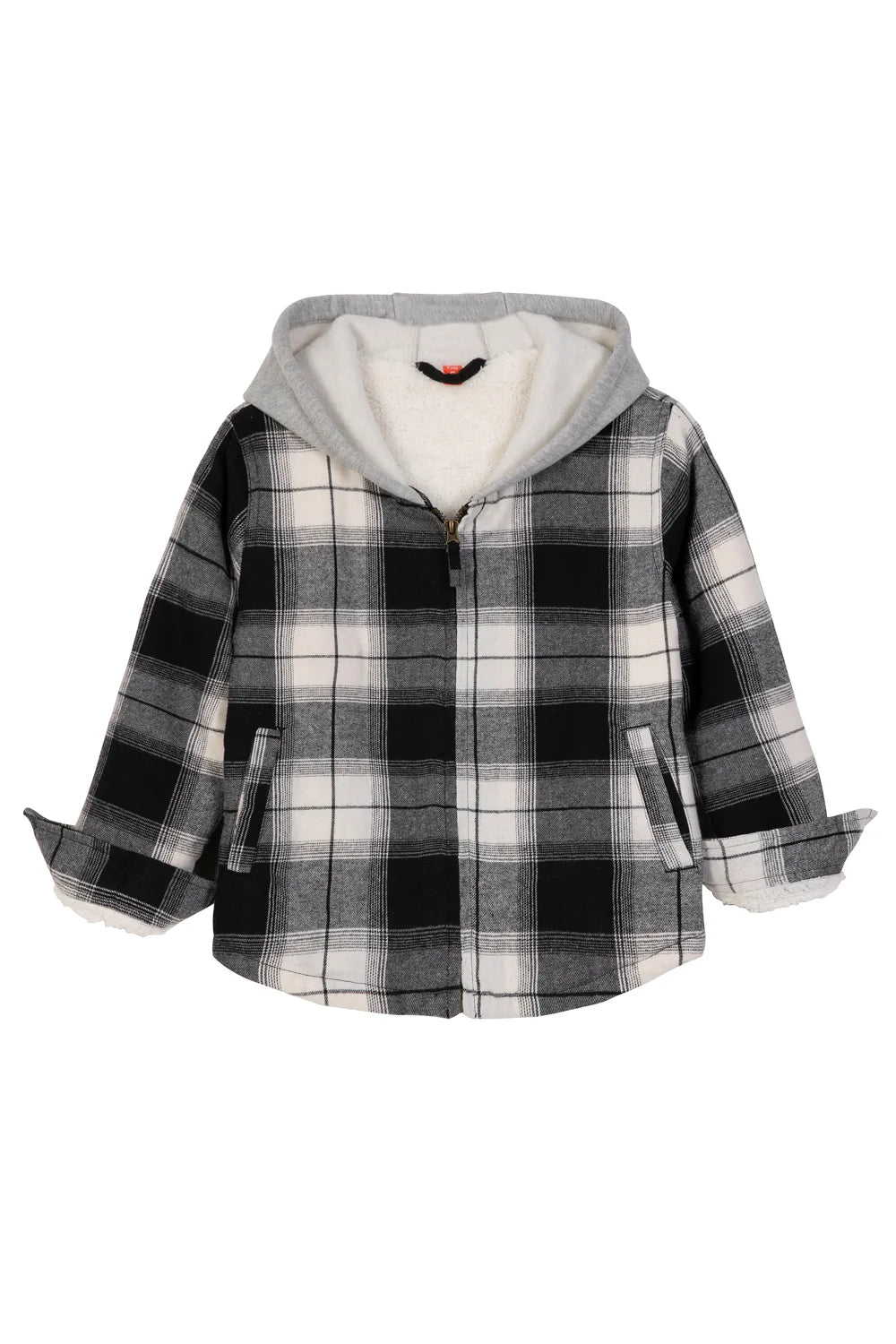 Kids Sherpa-Lined Zip Up Flannel Shirt in plaid design with hood, featuring utility pockets.