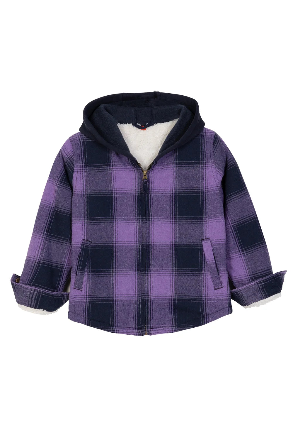 Kids Sherpa-Lined Zip Up Flannel Shirt in plaid design with hood, featuring utility pockets.
