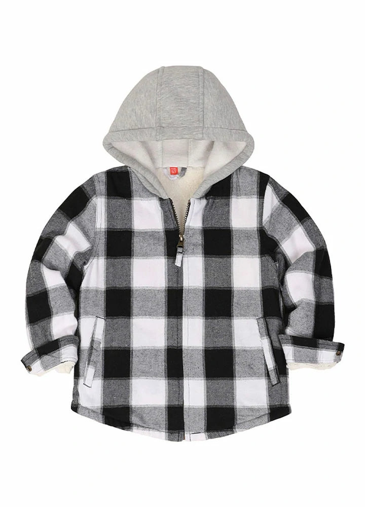 Kids Sherpa-Lined Zip Up Flannel Shirt in plaid design with hood, featuring utility pockets.