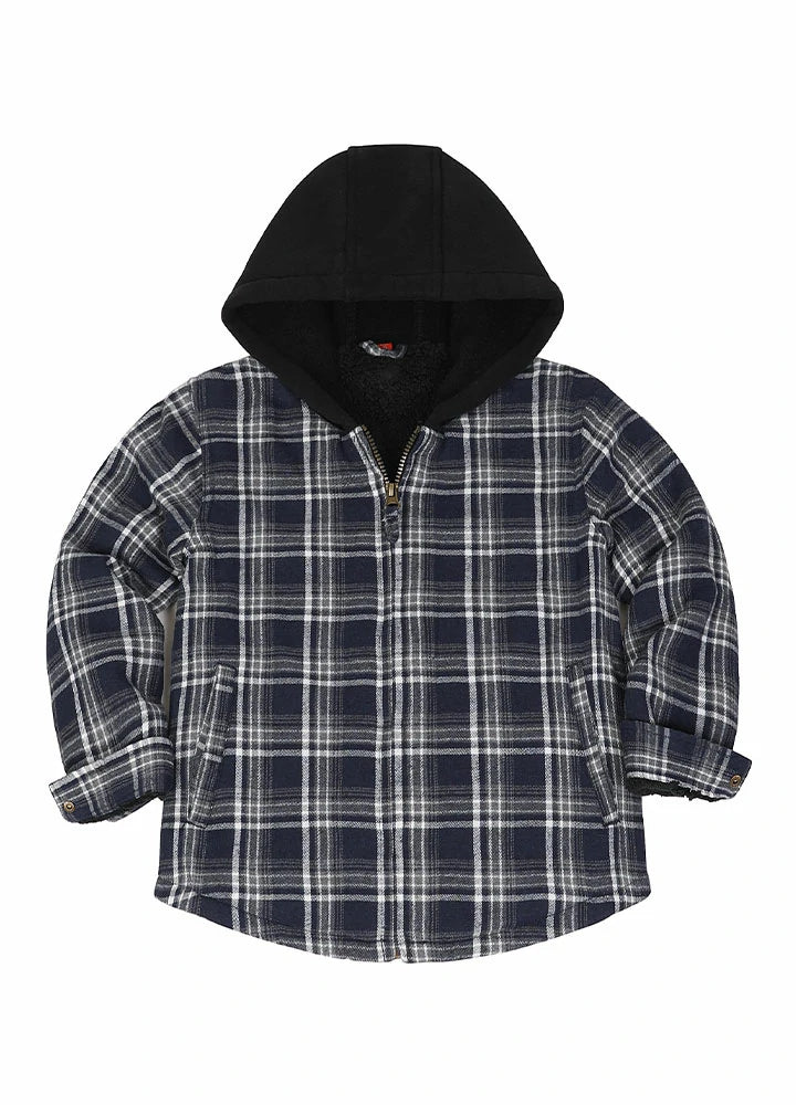 Kids Sherpa-Lined Zip Up Flannel Shirt in plaid design with hood, featuring utility pockets.