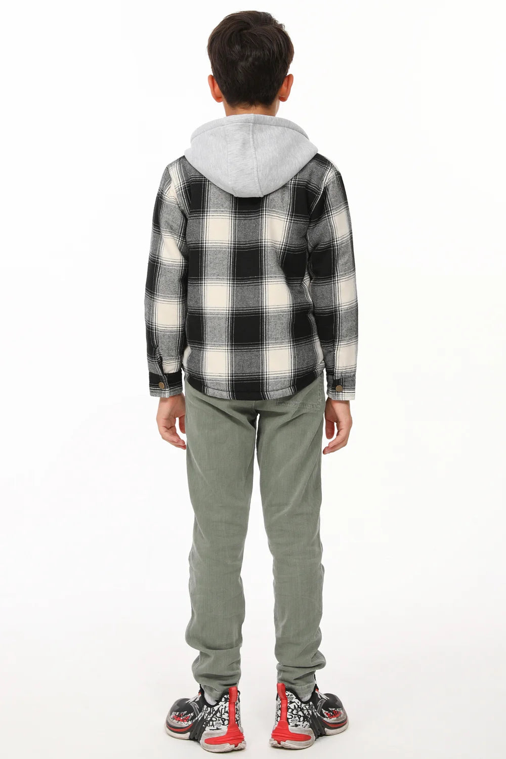 Kids Sherpa-Lined Zip Up Flannel Shirt in plaid design with hood, featuring utility pockets.
