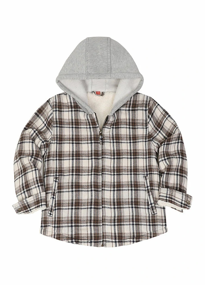 Kids Sherpa-Lined Zip Up Flannel Shirt in plaid design with hood, featuring utility pockets.