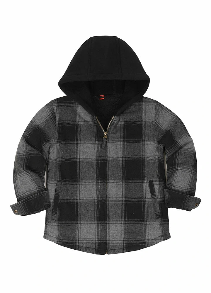 Kids Sherpa-Lined Zip Up Flannel Shirt in plaid design with hood, featuring utility pockets.