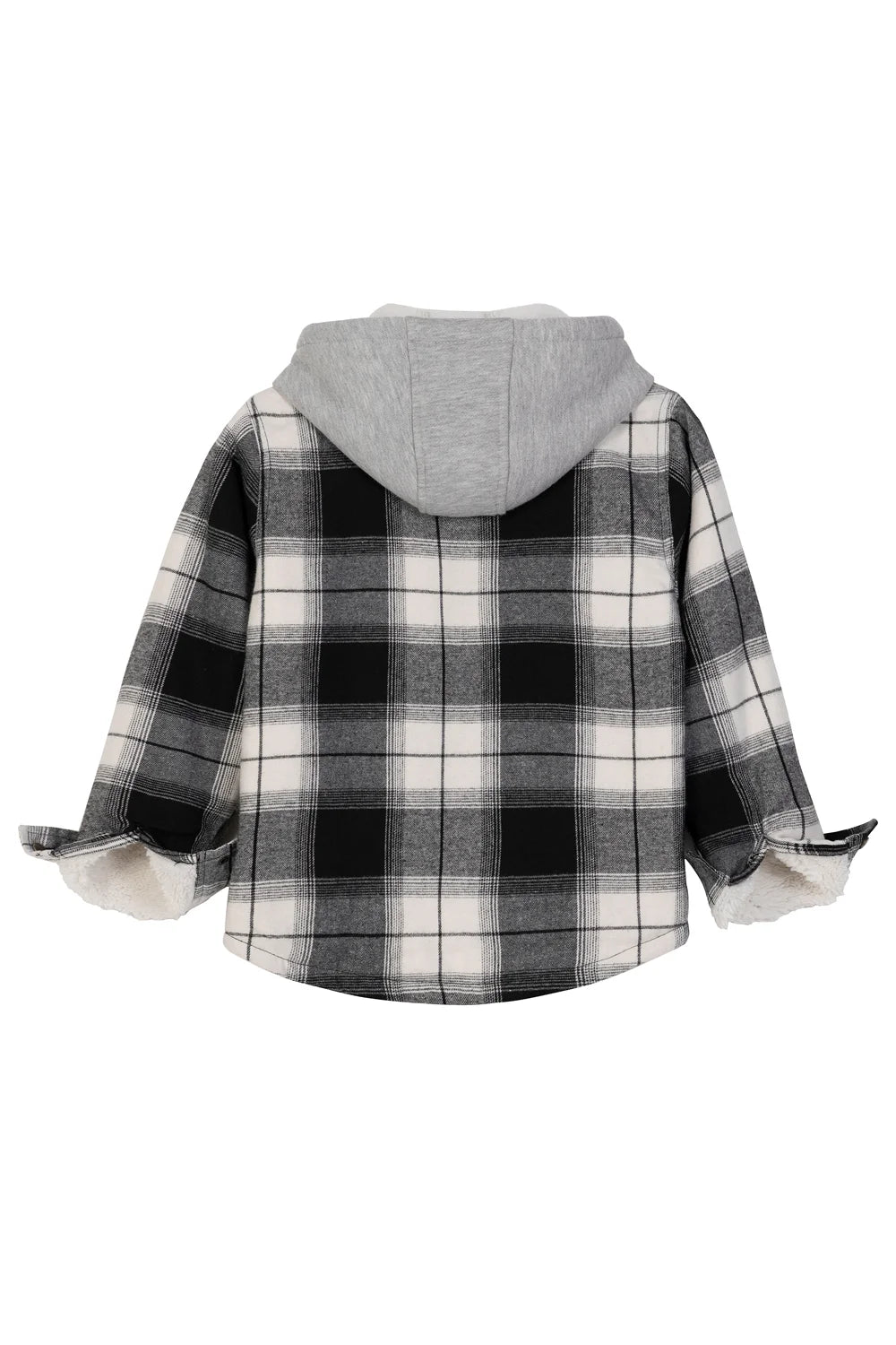 Kids Sherpa-Lined Zip Up Flannel Shirt in plaid design with hood, featuring utility pockets.