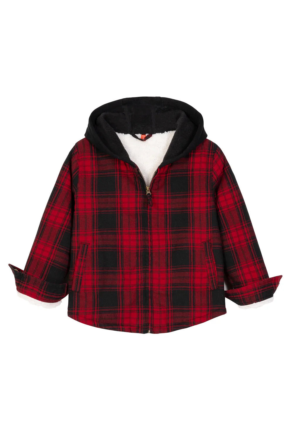 Kids Sherpa-Lined Zip Up Flannel Shirt in plaid design with hood, featuring utility pockets.