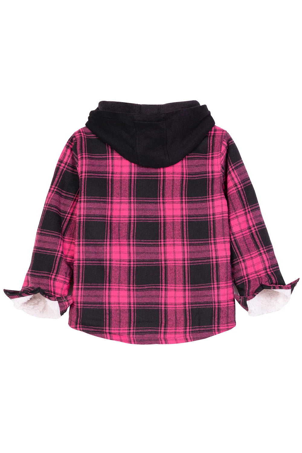 Kids Sherpa-Lined Zip Up Flannel Shirt in plaid design with hood, featuring utility pockets.